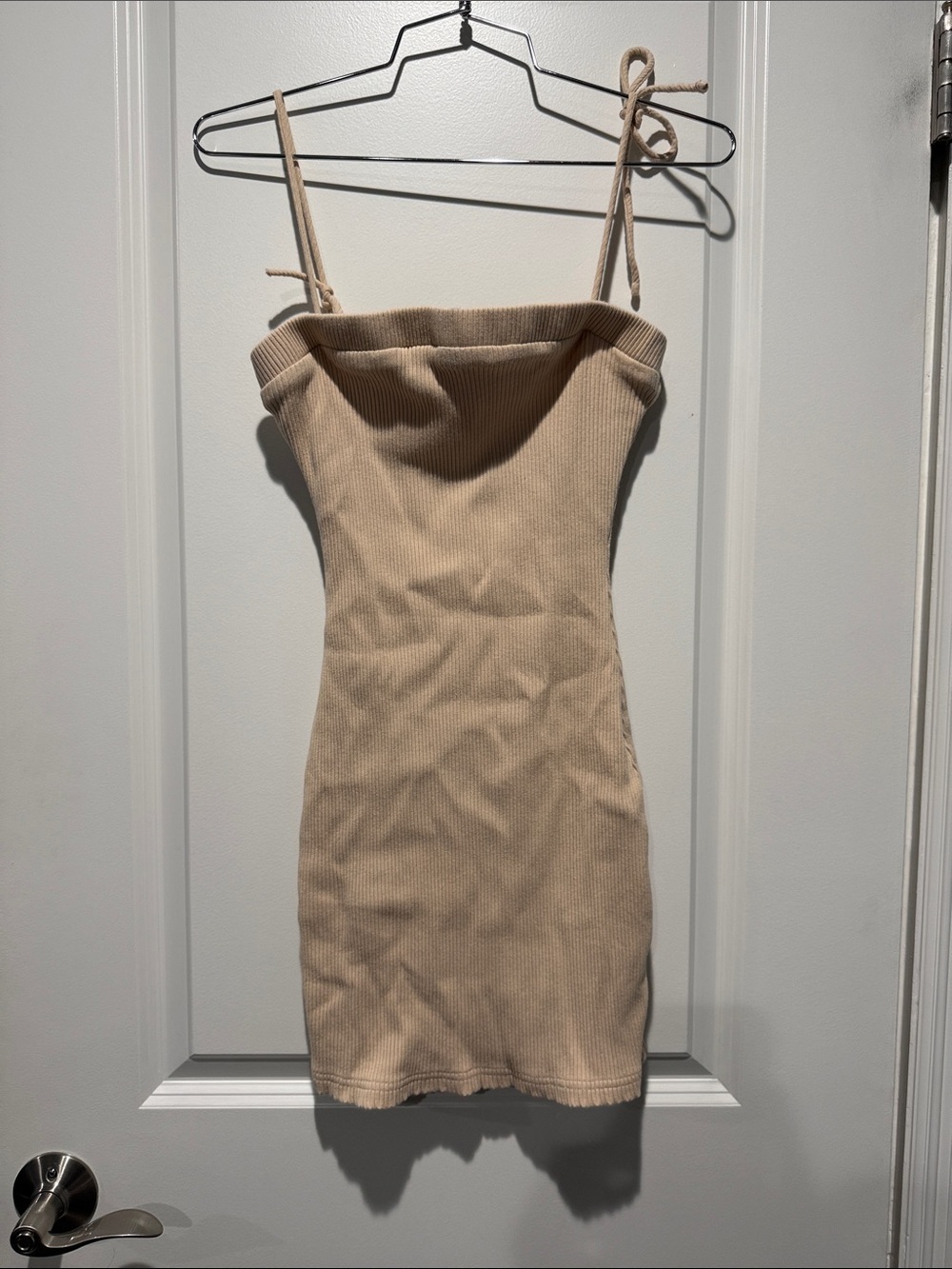 superdown Beige Ribbed Tie-Strap Mini Dress